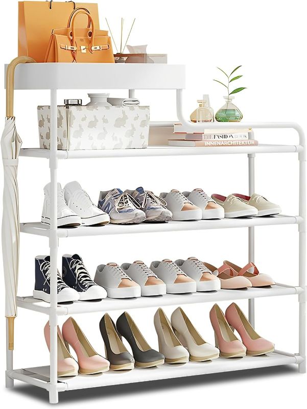 Photo 1 of 4-Tier Shoe Rack Metal Shoe Organizer with 4 Fabric Shelves and Top Storage Basket Sturdy Durable Shoe Shelf for Closet Entryway Balcony Bedroom