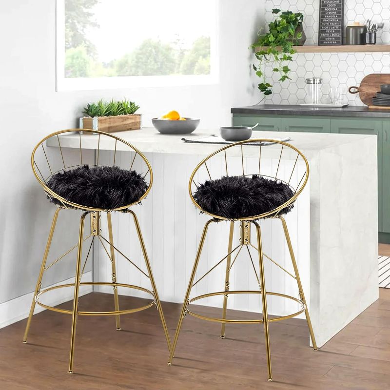 Photo 1 of Alunaune 26inch Swivel Metal Bar Stools Gold Bar Chairs Set of 2 Black Faux Fur Counter Height Barstools Home Kitchen Counter Stool-Gold