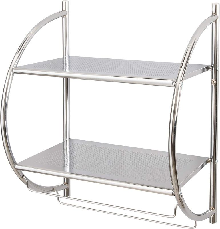 Photo 1 of (Satin Nickel Finish) Organize It All 1753W-B Wall Mount 2 Tier Chrome Bathroom Shelf with Towel Bars Metallic