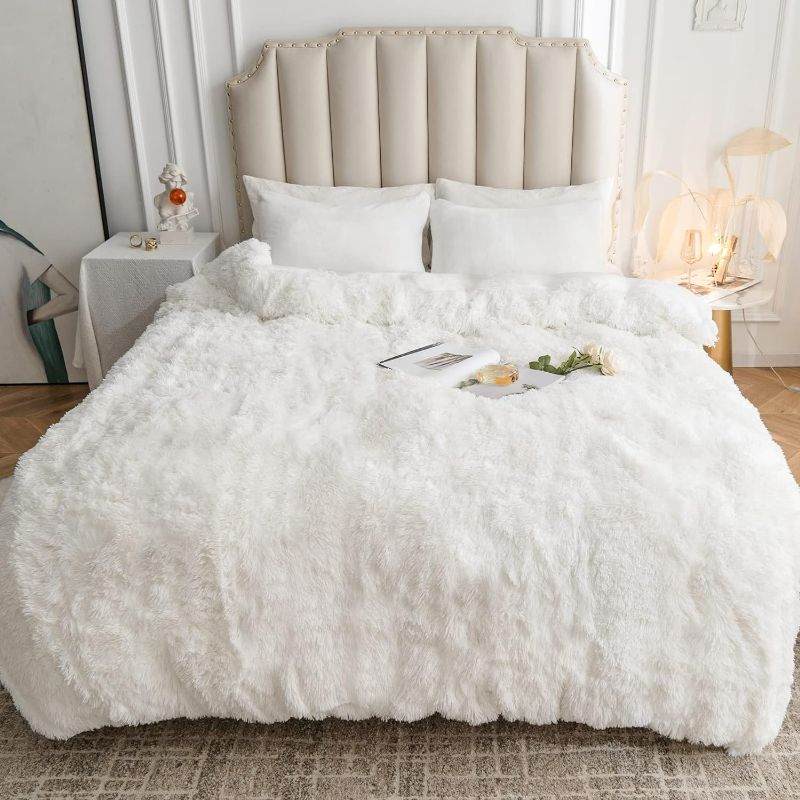 Photo 1 of CHOSHOME Plush Shaggy Duvet Cover Twin Size, 3 PCS Fluffy Comforter Fuzzy Flannel Bedding Sets(1 Faux Fur Duvet Cover + 2 Pillowcases), Zipper Closure & 8 Corner Ties, White