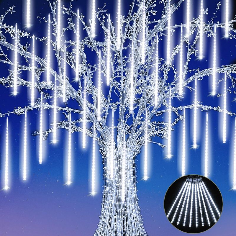 Photo 1 of JJGoo Christmas Lights Meteor Shower Rain Lights, 10 Tube 20 inch 360 LEDs Icicle Lights Outdoor Raindrop Lights for Xmas Halloween Wedding Party Tree Holiday Decoration, White