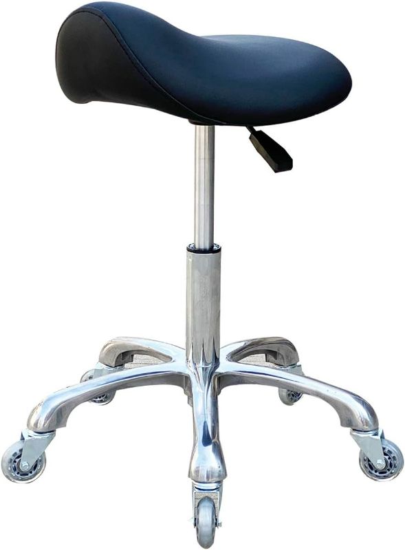 Photo 1 of (Wheel Came Off, Need to put back on)) Professional Saddle Stool with Wheels Ergonomic Swivel Rolling Height Adjustable for Clinic Dentist Beauty Salon Tattoo Home Office (Black)