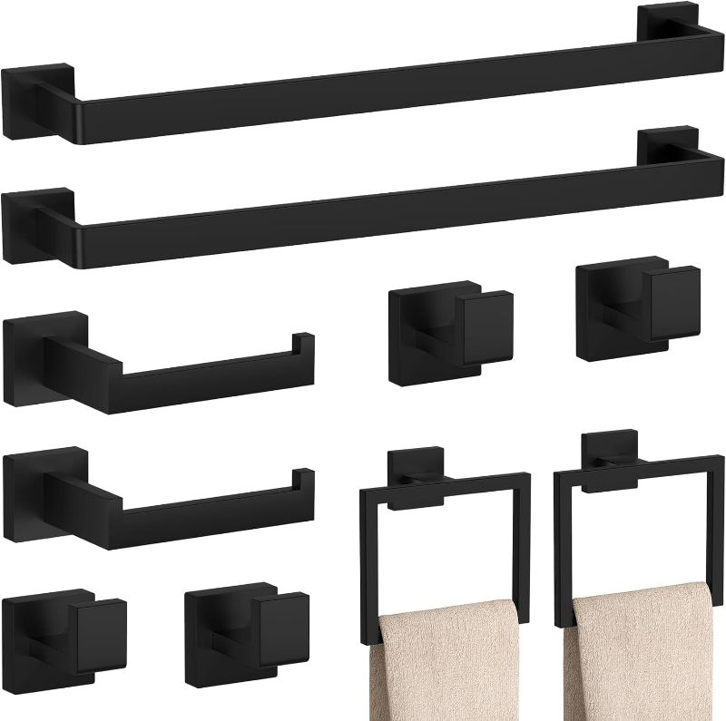 Photo 1 of 10-Pieces Matte Black Bathroom Accessories Set, 23.6 Inch Bath Towel Bar Set, SUS 304 Stainless Steel Bathroom Hardware Set, Towel Racks for Bathroom Wall Mounted.