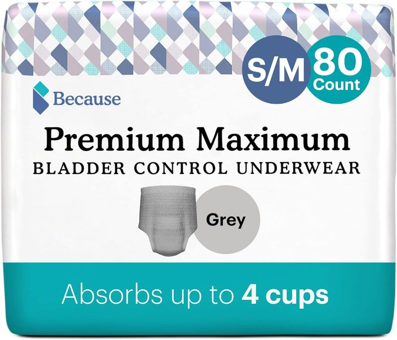 Photo 1 of Because Premium Maximum Incontinence Underwear for Men - Heavy Bladder Leak Protection, Ideal for Overnight leakage, Sleek, Invisible Fit, Grey, Small/Medium -Absorbs 4 Cups - 80 Count (4 Packs of 20)