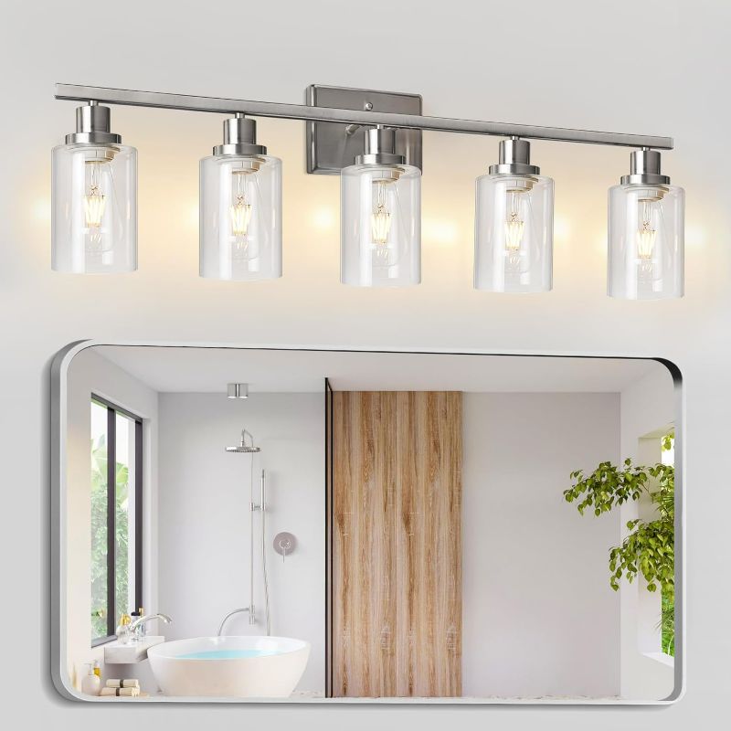 Photo 1 of Ascher 5 Light Bathroom Vanity Light, Modern Over Mirror Light Fixtures with Clear Glass Shade, E26 Base Brushed Nickel Wall Sconces Light for Hallway Restroom