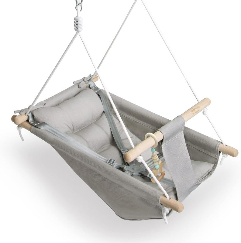 Photo 1 of Baby Swing Indoor and Outdoor, Canvas Hammock Swing for Baby to Toddler with a Comfortable Seat, Macaroon Wooden Toy, Adjustable 5-Point Harness,3 Modes,Gift for Baby Boys Girls, Grey