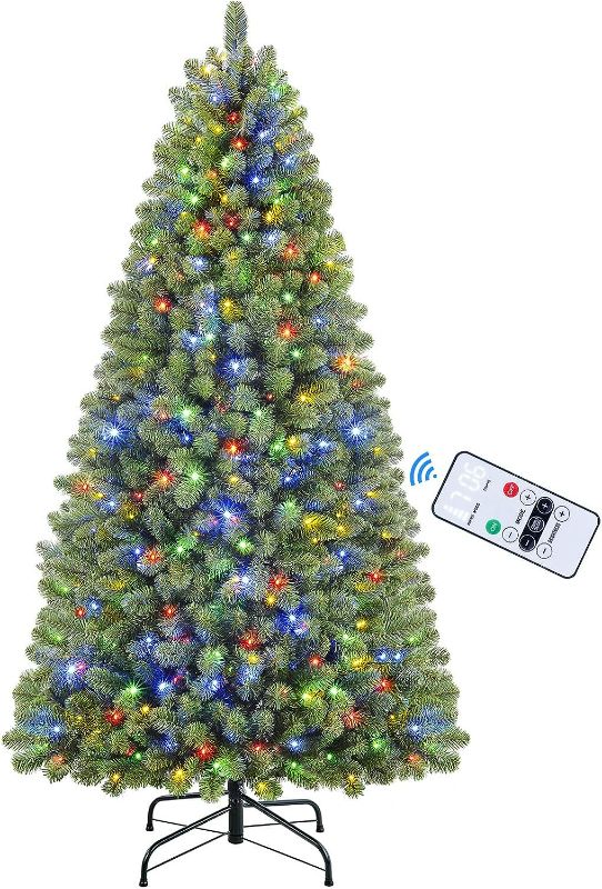 Photo 1 of SHareconn 7.5ft Prelit Premium Artificial Hinged Christmas Tree with Remote Control, Timer, and 470 Warm White & Color LED Changing Lights, 1264 Branch Tips, Perfect Choice for Xmas Decoration, 7.5 FT