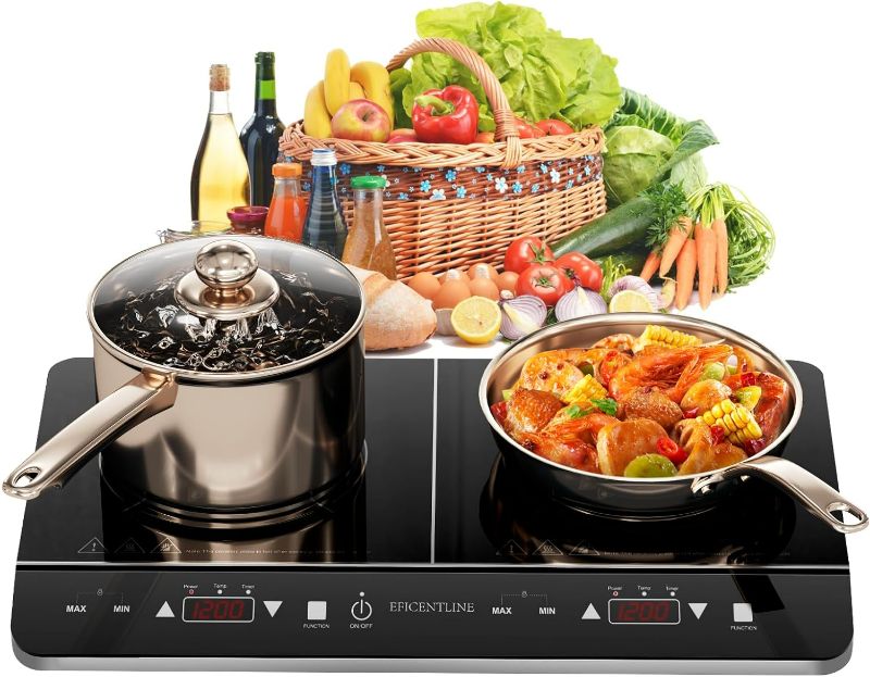 Photo 1 of Double Induction Cooktop, 1800W Powerful Induction Burners with 2 Large 8" Heating Coils, 2 Burner Portable Induction Cooktop with 9 Power Settings, 180 Mins Timer & Child Safety Lock, Black