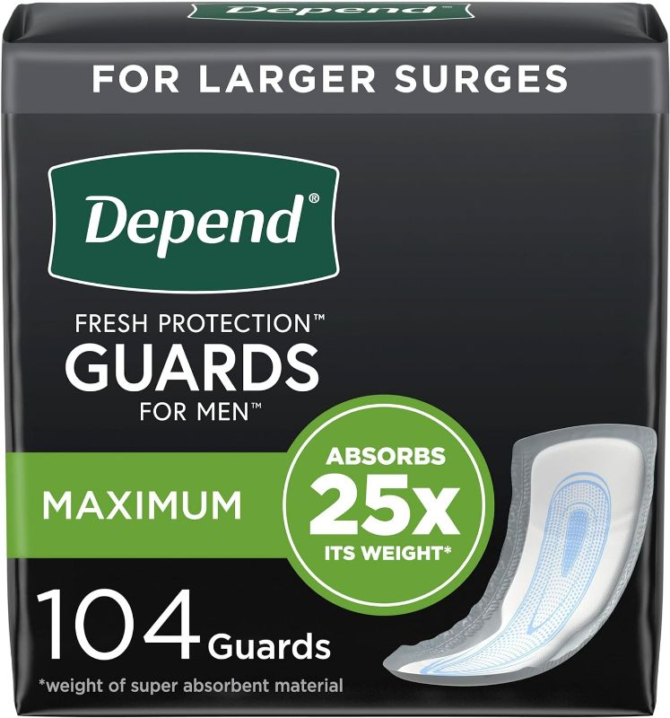 Photo 1 of (1 pack is opened) Depend Incontinence Guards/Incontinence Pads for Men/Bladder Control Pads, Maximum Absorbency, 104 Count (2 Packs of 52), Packaging May Vary