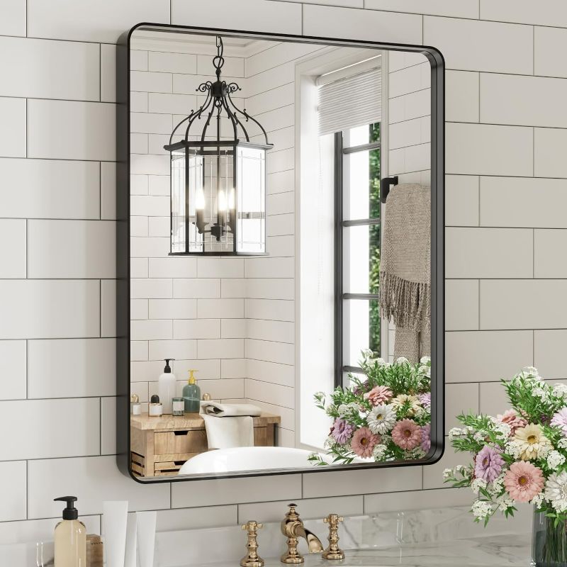 Photo 1 of Frame Color - Gold - WEER Black Bathroom Vanity Mirror 20X28 Inch, Rounded Rectangle Gold Metal Framed Mirror for Over Sink Wall, Farmhouse Matte Gold Mirror, Tempered Glass, Anti-Rust, Hangs Horizontal or Vertical