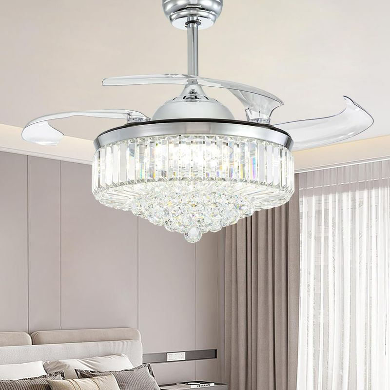 Photo 1 of NOXARTE 48 Inch Crystal Chandelier Ceiling Fan with Light Fandelier Ceiling Fan with Light Retractable Blades Fan with Remote Control 48" Dimmable Fandelier for Bedroom Living Room