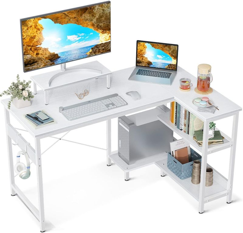 Photo 1 of 39 Inch Small L Shaped Computer Desk with Reversible Storage Shelves, L-shaped Corner Desk with Monitor Stand for Small Space, Modern Simple Writing Table for Home Office Workstation, White