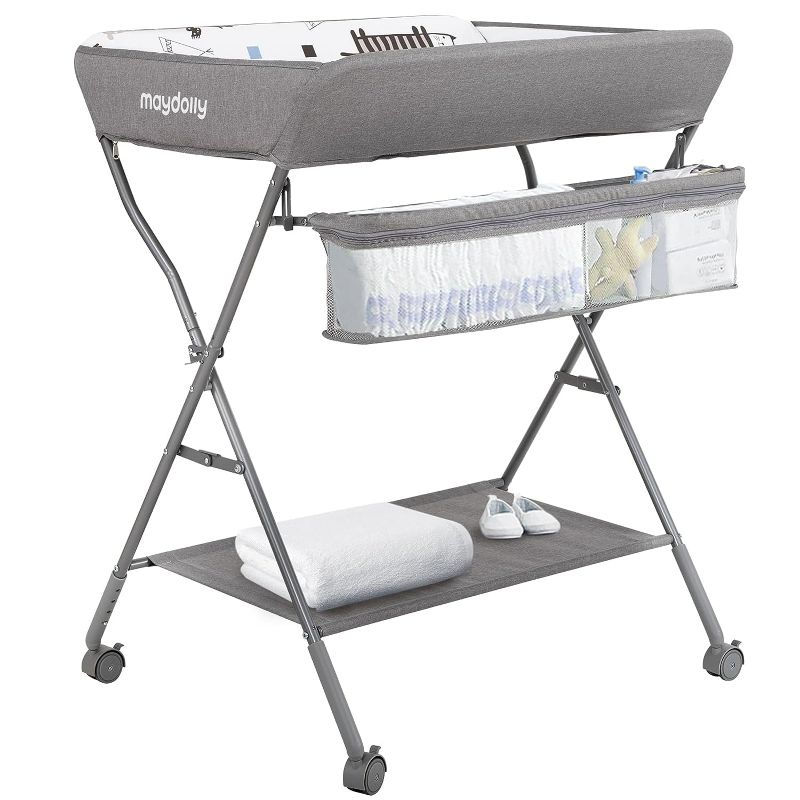 Photo 1 of Baby Changing Table with Wheels, Maydolly Portable Adjustable Height Folding Diaper Station with Nursery Organizer & Storage Rack for Newborn Baby and Infant (Light Grey)