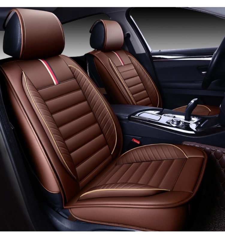 Photo 2 of OASIS AUTO Car Seat Covers Premium Waterproof Faux Leather Cushion Universal Accessories Fit SUV Truck Sedan Automotive Vehicle Auto Interior Protector Front Pair (OS-004 Brown)