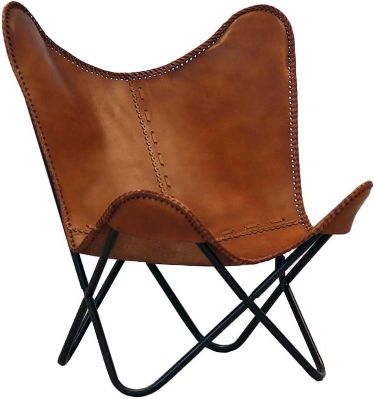 Photo 1 of Leather Living Room Chairs-Butterfly Chair Tan Brown Leather Butterfly Chair-Handmade with Powder Coated Folding Iron Frame.