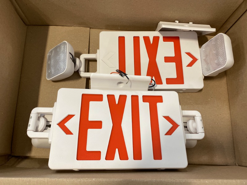 Photo 2 of Amazon Commercial Acrylonitrile Butadiene Styrene Emergency Light Exit Sign, 2-Pack, Exit Combo with Battery Backup, 2 LED Adjustable Heads