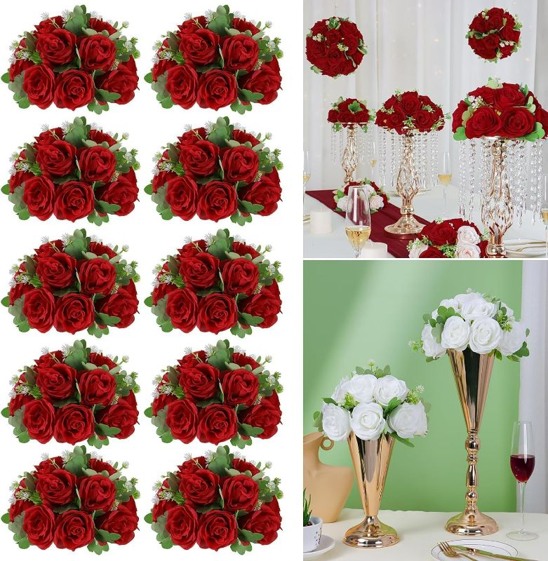 Photo 1 of Artificial Flower Ball Wedding Centerpieces -10Pack Red Rose Silk Floral Half Ball - Faux Flower Balls Plastic Base for Event Table Arrangement Party Home Room Décor 9.5 inch