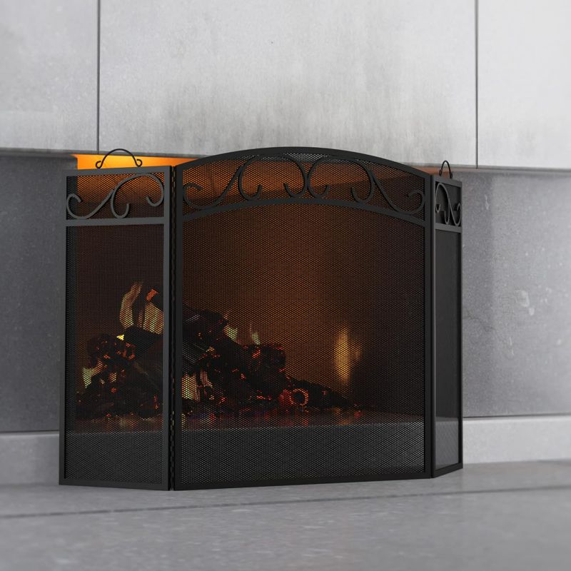 Photo 1 of Fire Beauty Fireplace Screen 3 Panel with Handles Wrought Iron 51"(L) x31(H) Spark Guard Cover(Black)