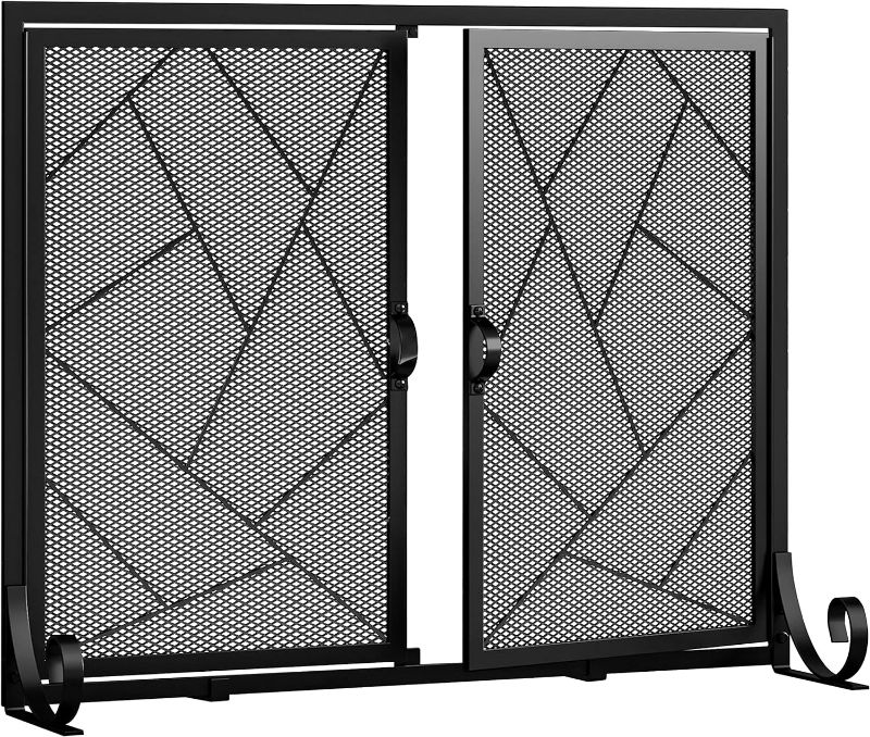 Photo 1 of Fire Beauty Fireplace Screen with Hinged Doors Cast Iron Border Sturdy Steel Frame Durable Metal Mesh Decorative Spark Guard Black Finish(Middle)