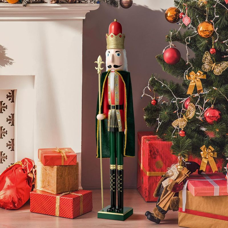 Photo 1 of (Feet Broke Off) King Nutcracker Christmas 42" H Wooden Nutcracker Decoration Large Size Xmas Welcome Nutcracker King with Velvet Cloak Figurine Decor-Indoor & Outdoor