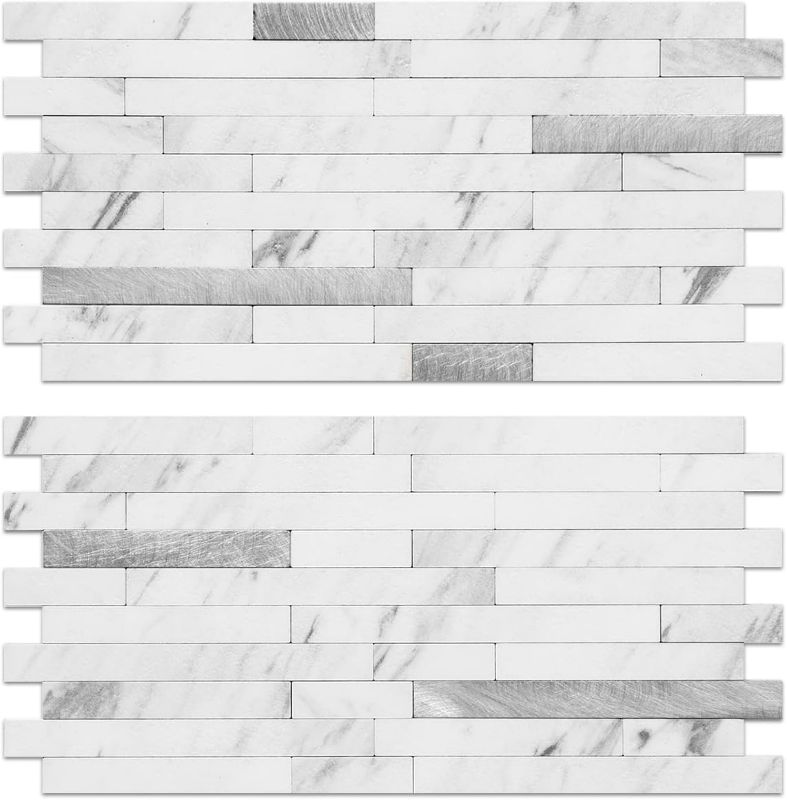 Photo 1 of AULIGET 20 Sheets Faux Stone Peel and Stick Backsplash, White Marble Look PVC Wall Tiles Stick on Backsplash for Kitchen