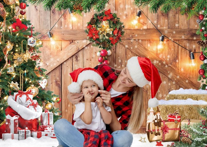 Photo 1 of HAIYA 7x5ft Christmas Backdrop Christmas Barn Wood Door Photography Backdrop Xmas Tree Snow Background Winter Xmas Party Supplies Christmas Family Kids Party Banner