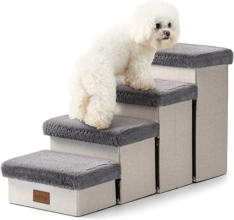 Photo 1 of Dog Stairs for Bed with Storage 18" H, Small Dogs Foldable Ramp with Leakproof Fabric Cover, Cat Steps for Medium Bed, Couch and Sofa, Lightweight, Comfort, 33x13x17.71in, Grey, 4 Tiers