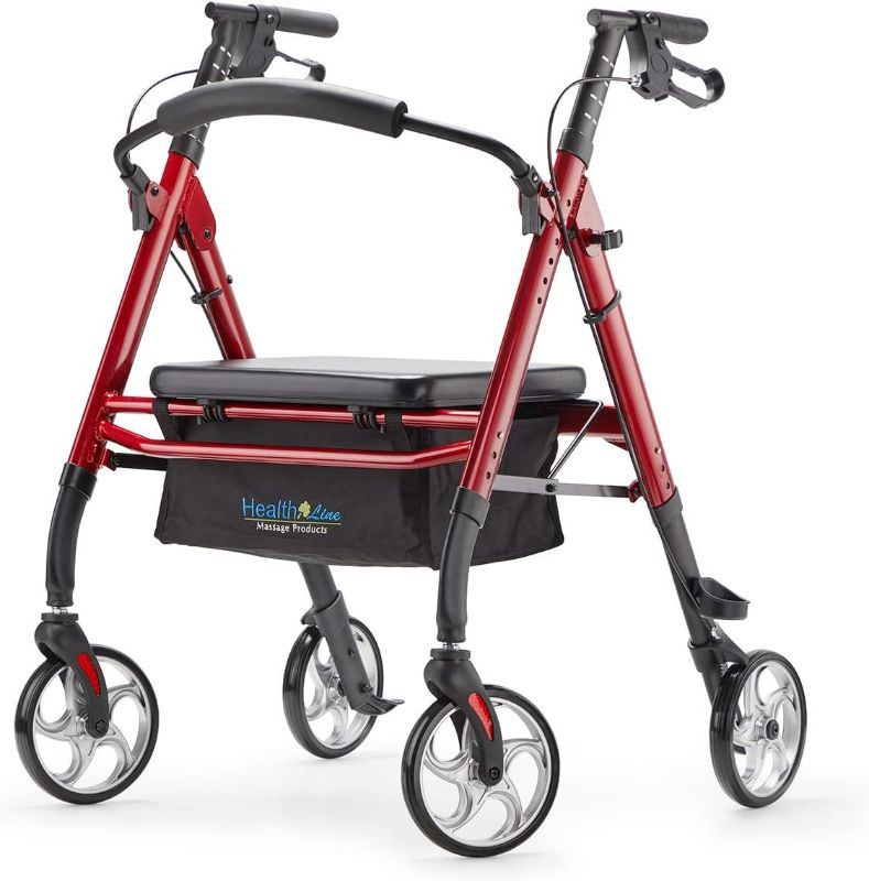 Photo 1 of Heavy Duty Rollator Walker with Large Seat - Bariatric Rolling Walker for Seniors with Backrest & 8" Large Wheels, Rolling Walker by Health Line Massage Products, Support Up 500 lbs, Red