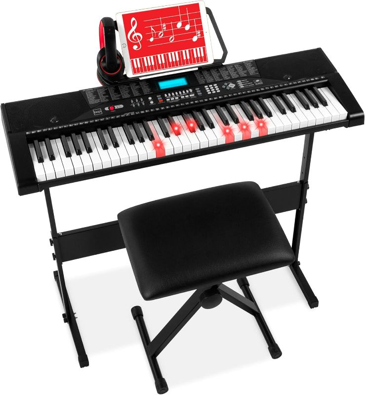 Photo 1 of 61-Key Beginners Complete Electronic Keyboard Piano Set, Stand, Bench, Teaching Modes, Note Stickers, Built-In Speakers - Black