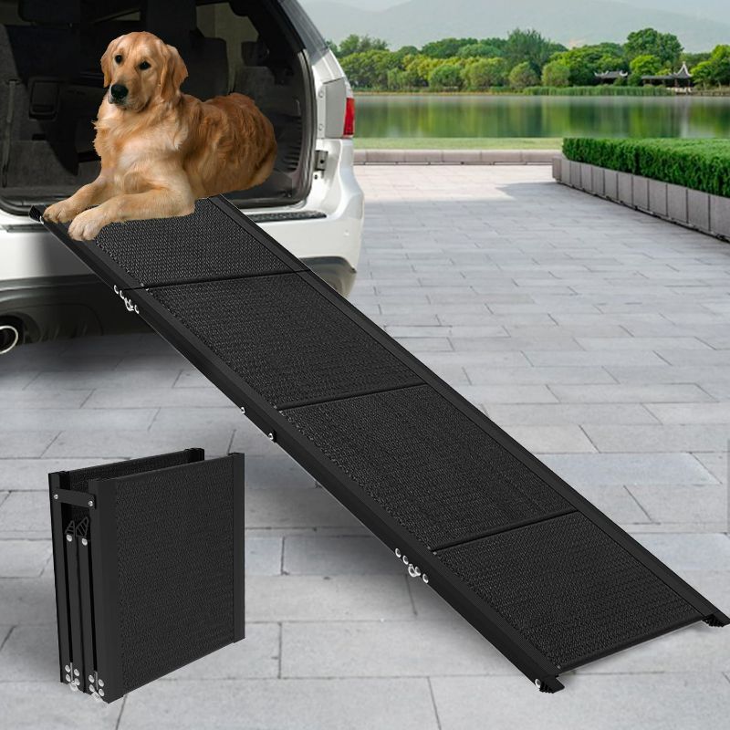 Photo 1 of Dog Car Ramp for Large Dogs, Foldable Dog Steps Aluminum Dog Ramps, Dog Stairs with Nonslip Surface for High Beds, Trucks, Cars and SUV, Supports up to 200 lbs (63'' L x 17'' W)