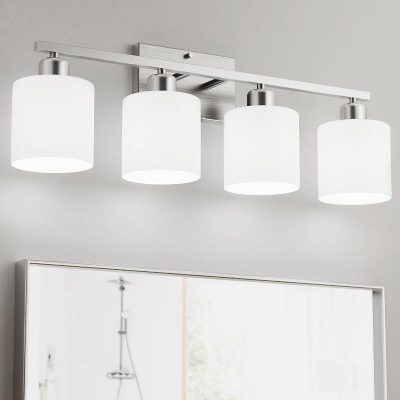 Photo 1 of Bathroom Lights Over Mirror Brushed Nickel, Anti-Rust 4-Light Bathroom Vanity Light Fixtures, Modern 24Inches Wall Sconces E26 Base, Milky White Glass Shades, Bulbs Not Included