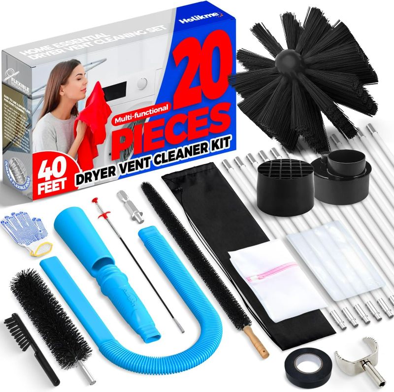 Photo 1 of Holikme 40feet Dryer Vent Cleaner Kit Dryer Cleaning Tool Include Dryer Vent Brush, Omnidirectional Blue Dryer Lint Vacuum Attachment Dryer Lint Trap Brush, Vacuum & Dryer Adapters