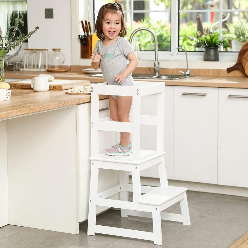 Photo 1 of Kids Kitchen Step Stool for Kids with Safety Rail, Solid Wood Construction Toddler Learning Stool, Montessori Toddlers Kitchen Stool Tower (White)