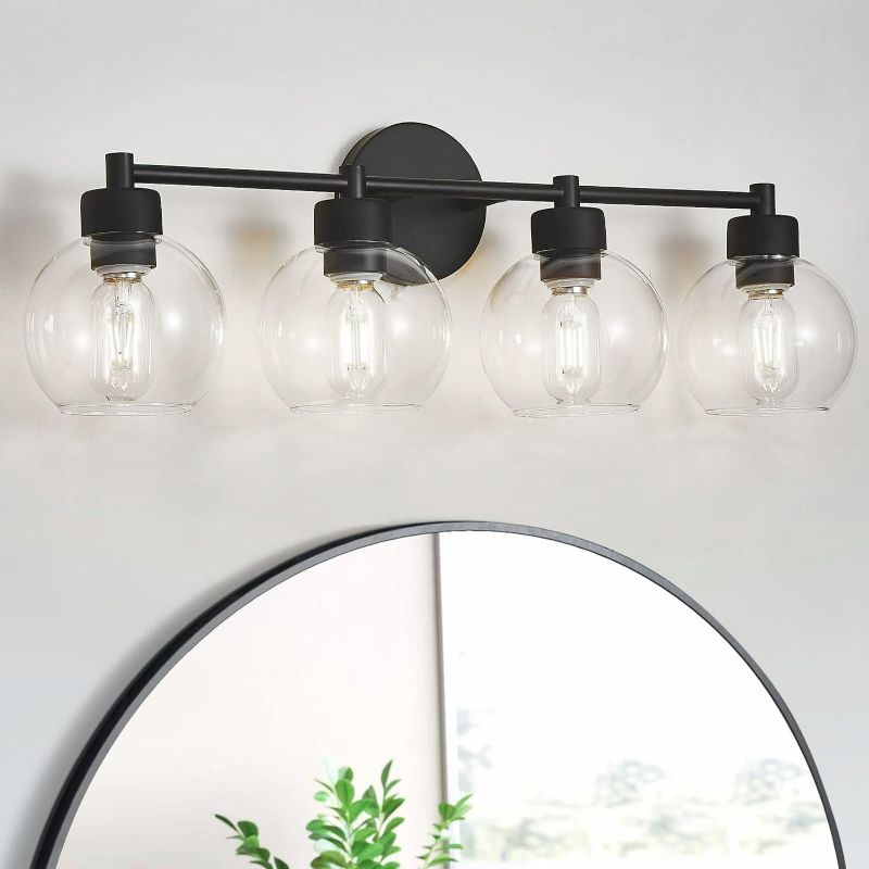 Photo 1 of Bathroom Light Fixtures 4 Lights Vanity Light with Black Round Finish, Bathroom Vanity Lights with Clear Globe Glass, Matted Black Wall Sconce for Mirror, Bedroom, Living Room, Kitchen