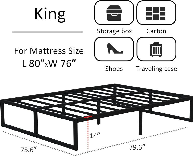 Photo 1 of 14 Inch King Bed Frame Sturdy Mattress Foundation, Heavy Duty Metal Platform with Steel Slats Support No Box Spring Needed, Noise Free, Easy Assembly, Black