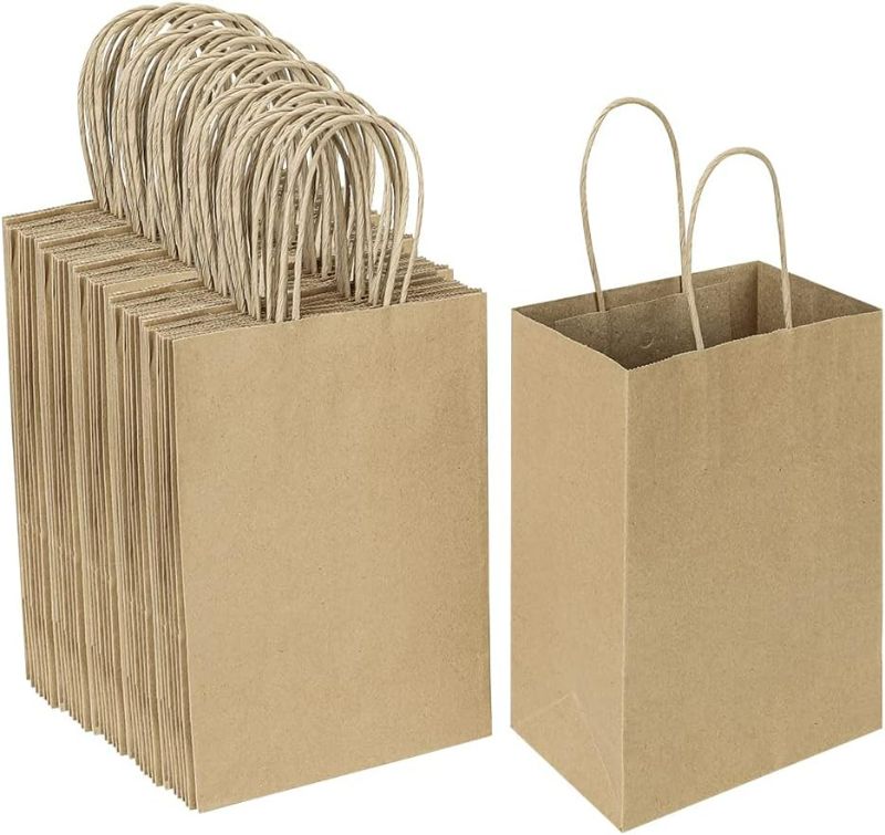 Photo 1 of 100 Pack 5.25x3.25x8.25 Inch Small Plain Natural Paper Kraft Gift Bags with Handles Bulk for Birthday Party Favors Grocery Retail Shopping Business Goody Craft Bags Cub (Brown 100 Count)