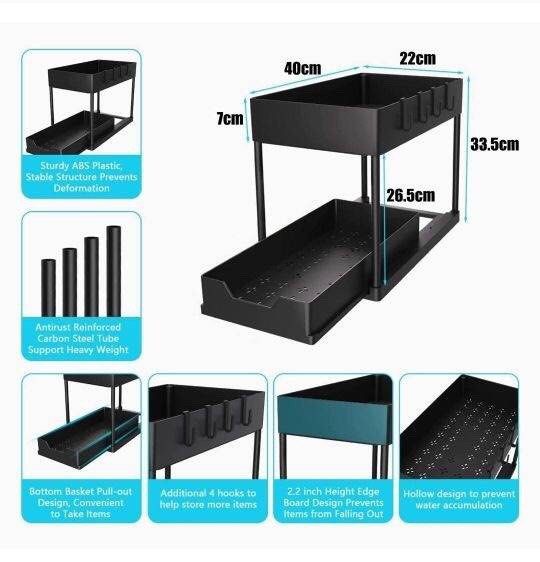 Photo 2 of Under Sink Organizer and Storage Pull Out Drawers, 2-Tier Under Sink Pull Out Organizer with Hooks Multi-Purpose Under Sink Storage for Bathroom Kitchen Office