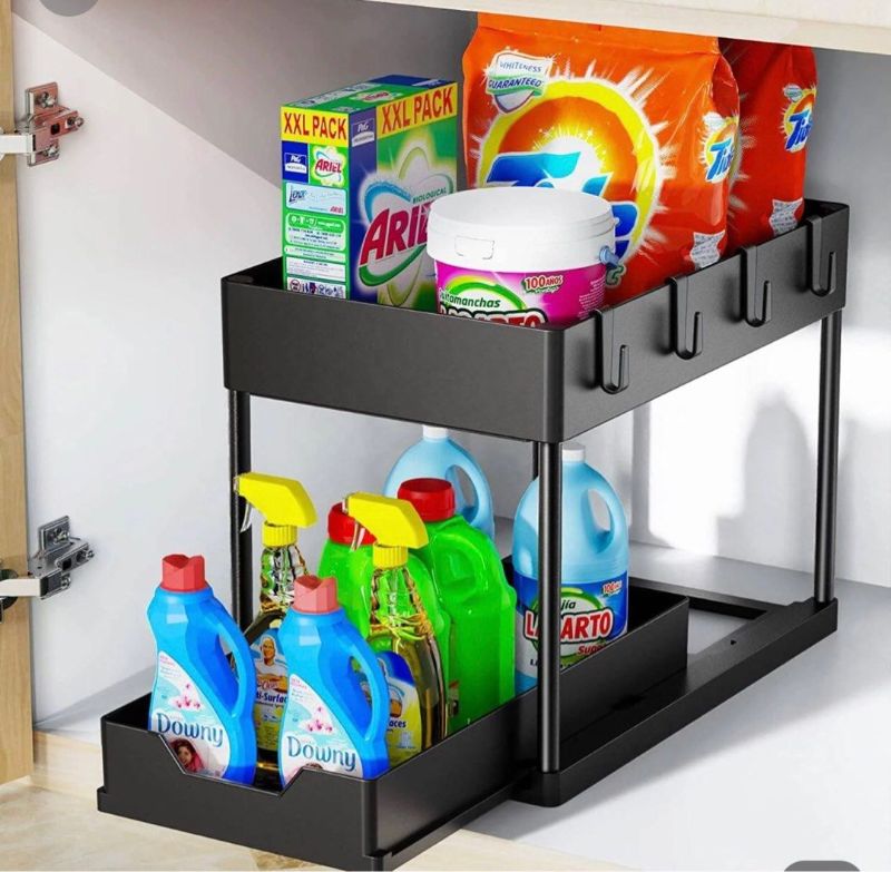 Photo 1 of 2 Pack Under Sink Organizers and Storage Pull Out Drawers, 2-Tier Under Sink Pull Out Organizer with 8 Hooks and 2 Hanging Cups, Multi-Purpose Under Sink Storage for Bathroom Kitchen Office