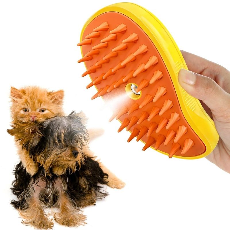 Photo 2 of Cat Mist Brush, 3 in 1 Cat Comb for Massage, Self Cleaning Cat Brush with Water, Rechargeable Silicone Dog Steam Brush, Cat Bath Brush Eliminates Flying and Tangled Hair Cat Grooming Comb(Yellow) 2 pack