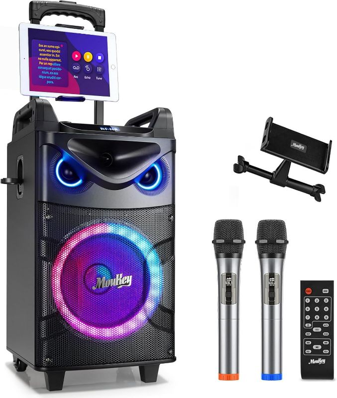 Photo 1 of Moukey Karaoke Machine, 10" Woofer Portable PA System, Bluetooth Speaker with 2 Wireless Microphones, Lyrics Display Tablet Holder, Party Lights & Echo/Treble/Bass Adjustment Support REC/AUX/USB/TF