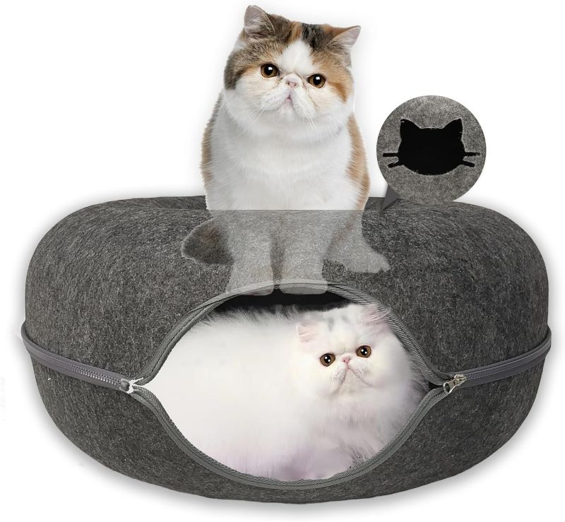 Photo 1 of Donut Cat Tunnel Bed Peekaboo Cat Cave for Large Cats Up to 30 Lbs, Kitty Interactive Playing Tent House for Multiple Cats,Detachable,Scratch Resistant (Deep Gray, Medium - 20 Inch Diameter)