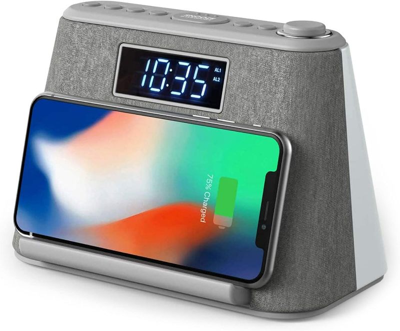 Photo 1 of i-box Digital Alarm Clock Radio, Bedside LCD Alarm Clock with USB Charger & Wireless QI Charging, Bluetooth Speaker, FM Radio, RGB Mood LED Night Light Lamp, Dimmable Display and White Noise Machine