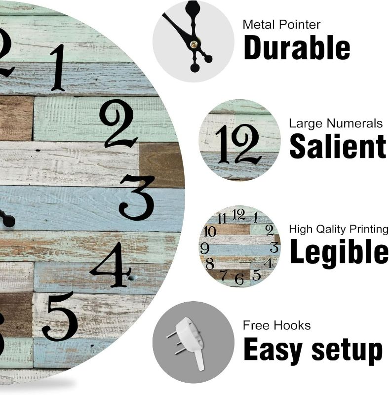 Photo 2 of Vintage Rustic Country 12Inch Analog Wall Clock, Seaside Style Wood-2, Silent Non Ticking Wall Clock, Perfect for Bedroom, Bathroom, Living Room, Home Office