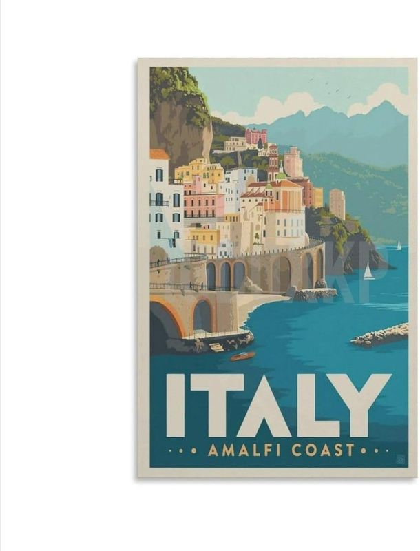 Photo 1 of Italian Vintage Travel Poster Amalfi Coast Aesthetic Landscape Poster Wall Art Oil Painting Poster Canvas Printing Art Decoration Poster Living Room Bedroom Decoration Aesthetic Picture Unframe-style