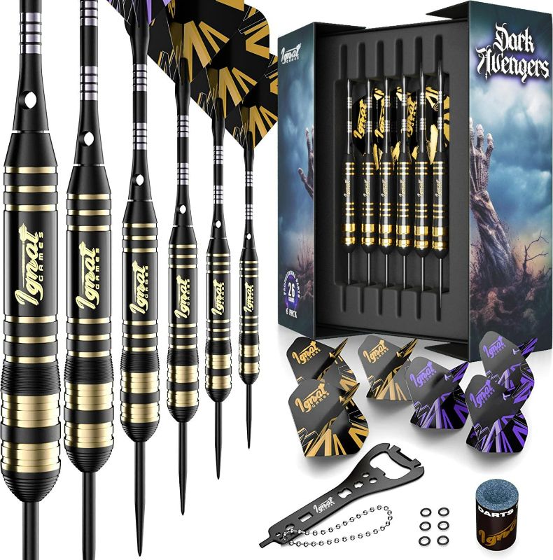 Photo 1 of IgnatGames Darts Metal Tip Set - Professional Darts with Stylish Case and Darts Guide, Steel Tip Darts Set with Aluminum Shafts + Rubber O'Rings + Extra Flights + Dart Sharpener and Wrench 26g