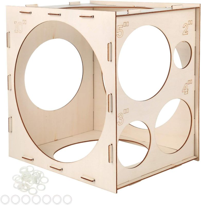 Photo 1 of  Wood Balloon Sizer Box Cube, Balloon Size Measurement Tool for Creating Balloon Arches, Balloon Decoration and Balloon Column Stand (9 Holes)