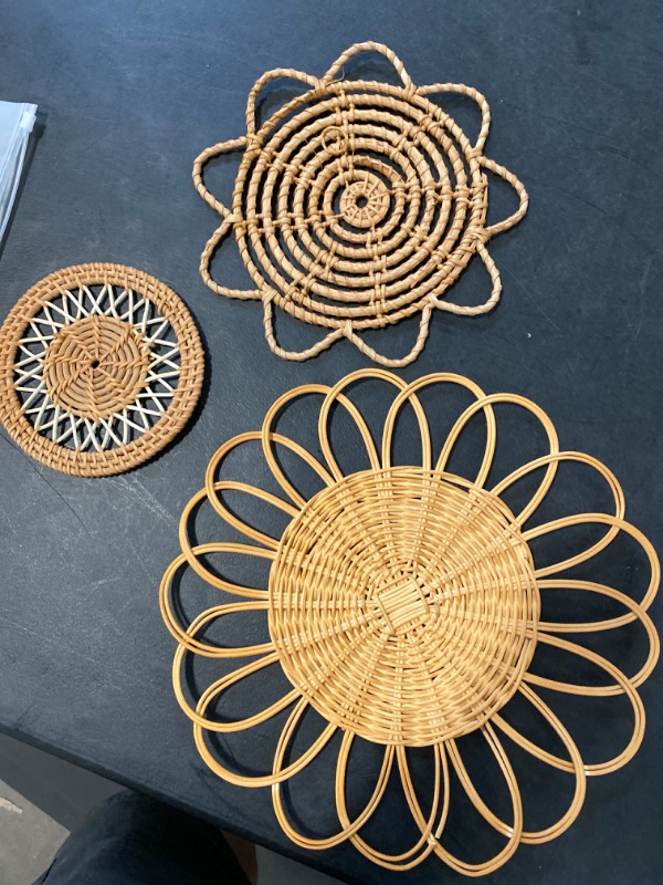 Photo 1 of Set of 3 wicker wall basket Fringed hanging straw wall plates Woven round bowl tray Boho Easter home decor