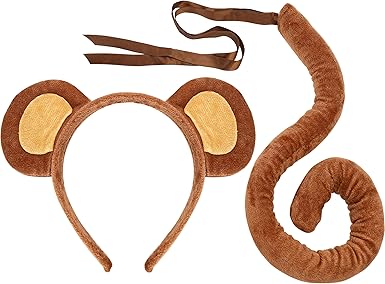 Photo 1 of Monkey Ears and Tail Costume Accessories Headband Set Hair Hoop Cosplay Faux Headdress Clip for Adult Dance Fancy Party Performance Jungle Supplies Carnival Halloween