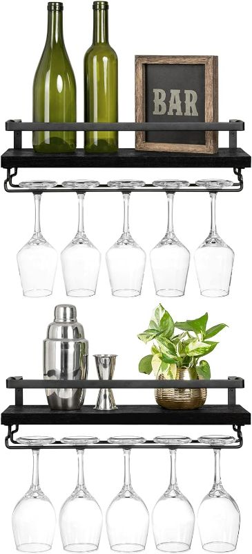 Photo 1 of Mkono Wall Mounted Wine Rack Set of 2 Wood Shelf Rustic Wine Bottle Glass Floating Shelves with Stemware Hanger Modern Plants Photos Wine Display Storage Holder for Kitchen Dining Room Bar, Black