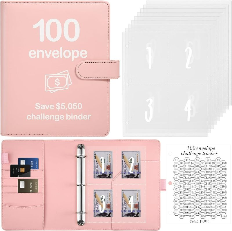 Photo 1 of 100 Envelopes Money Saving Challenge Binder with Reusable Laminated Tracker, Budget Book with Cash Envelopes, Easy and Fun Way to Save $5,050 (Pink)